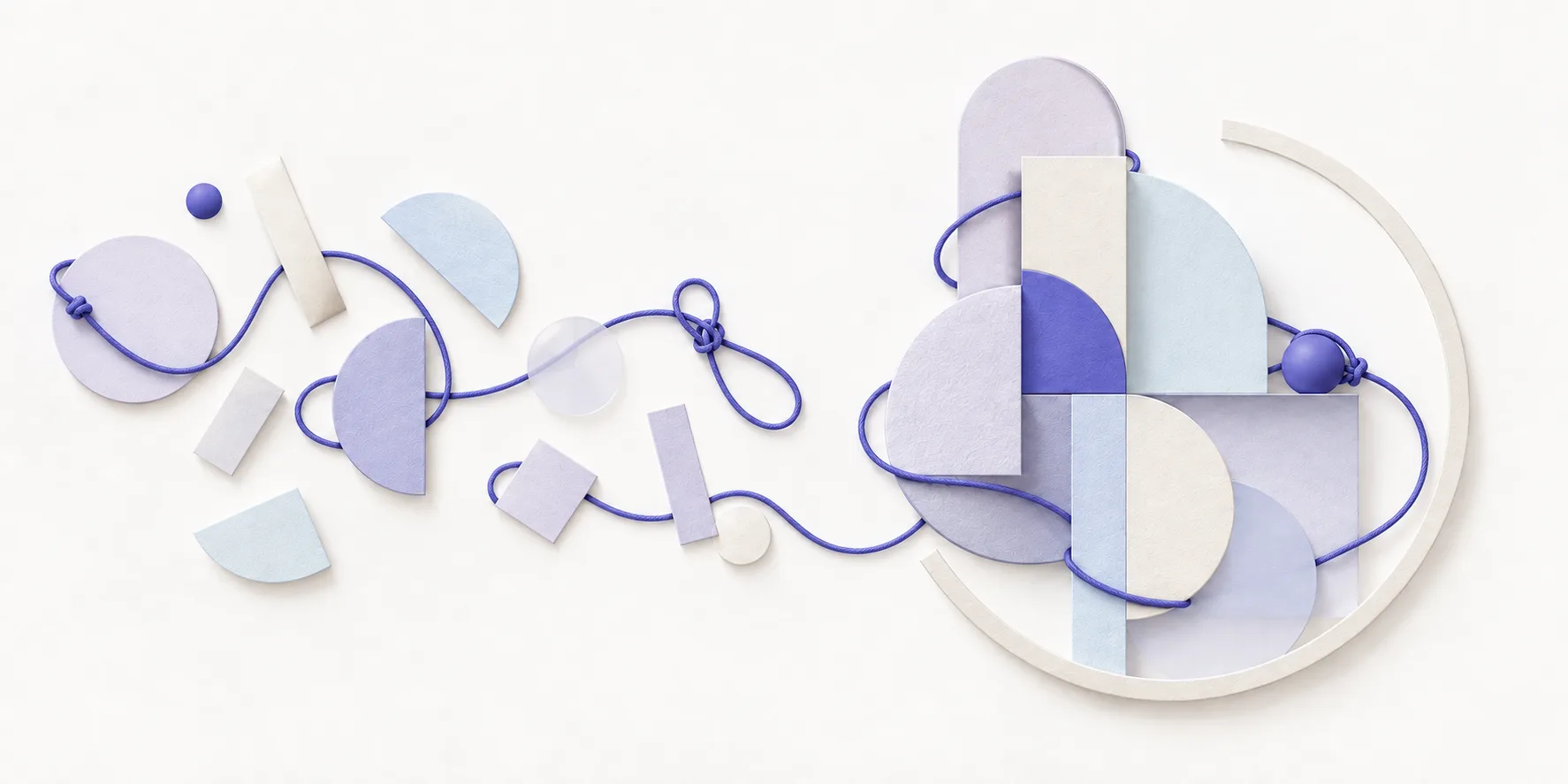 An indigo cord loops and knots around pastel geometric fragments, binding them into an interlocking structure within a protective arc, representing connected knowledge and traceable sources.